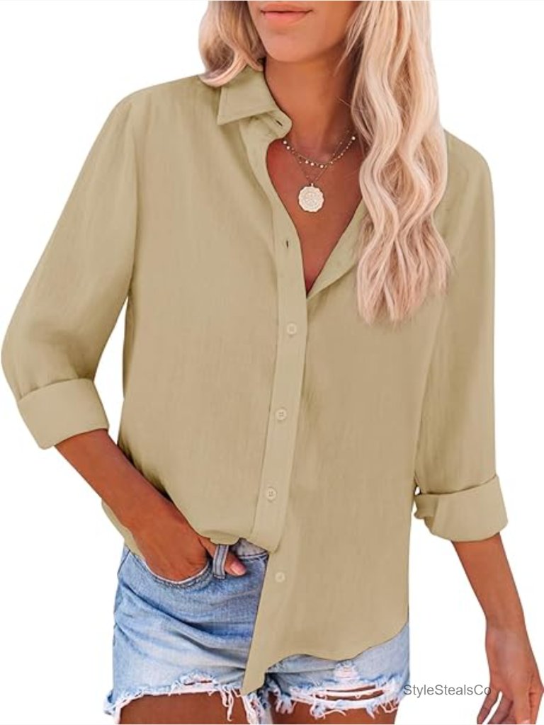 Long Sleeve Button Down Shirt Cotton Blend Regular Fit Work Casual Top